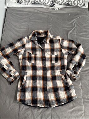 Duluth Trading Co fleece lined Plaid Shirt Jacket in Black, White & Brown Sz S